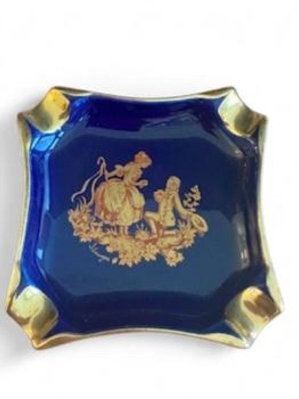 Limoge Cobalt Blue Porcelain Ashtray with Gold Romantic Scene